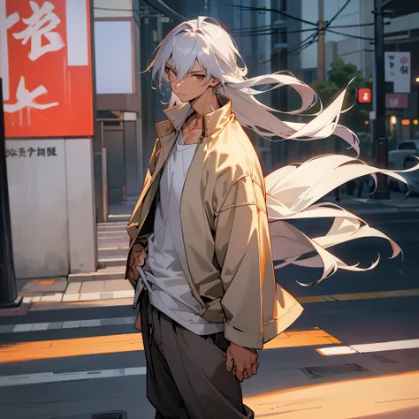 1male, young teen, tan skin, finely detailed plum eyes, straight long hair, grey hair color, fitted boomer jacket, designer shirt, baggy pants, standing on street, night time, tokyo streets, calm expression, muscular