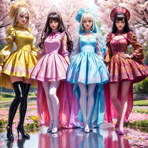 ((full body shot):1.5), a group of women,((Straightjacket style):1.3), (in elegant Classic Lolita Princess Dress),( high waisted short dress :1.3), The background is a fantastic A creek in the flower field, ((Standing and posing)), Bimbo,  (Muticolored:1.4...