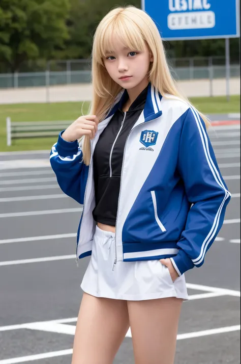 high school student,blonde hair,track jacket