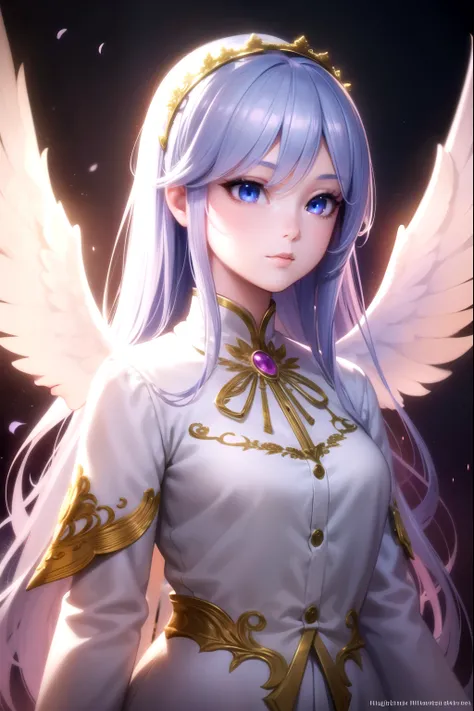 A beautiful young girl with blanco hair and angelic wings, highly detailed anime style illustration, 1girl, detailed facial features, long eyelashes, flower crown, elegant pose, cinematic lighting, vibrant colors, digital painting, masterpiece, photorealis...