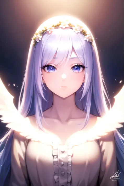 A beautiful young girl with blanco hair and angelic wings, highly detailed anime style illustration, 1girl, detailed facial features, long eyelashes, flower crown, elegant pose, cinematic lighting, vibrant colors, digital painting, masterpiece, photorealis...