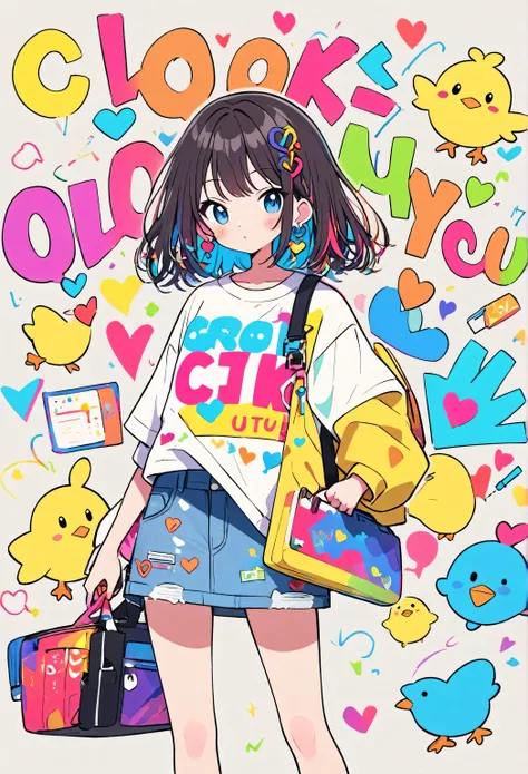 Ultra-realistic Yayoi Kusama style, Simple line acronym abstract art, Cute design, (((Background is colorful discarded))), Street Style, Cute chick, colorful hearts