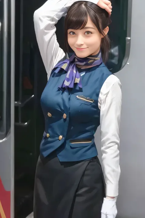 (masterpiece:1.2, Best Quality:1.2), 32kHDR, kampala, (Alone、 1 girl)、(What is 、 Professional Lighting)、In-flight background、(Nankai Train crew uniformを着たリアルなスタイル)、(( Nankai Train Crew Uniform Collarless Blouse Long Sleeve 、Black Curly Culotte Skirt 、Sc...