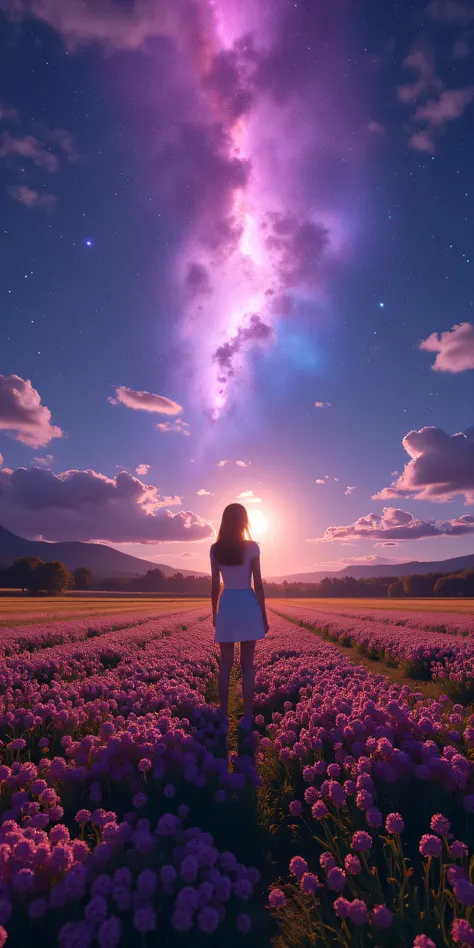 Vast landscape photo, (viewed from below, the sky is above and the open field is below), a girl standing on a flower field looking up, (full moon: 1.2), (meteor: 0.9), (nebula: 1.3), distant mountains , Trees BREAK Crafting Art, (Warm Light: 1.2), (Firefli...