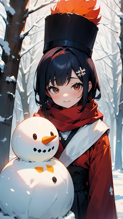  making a snowman in a snowy landscape。 wearing a red coat and black skirt 。 dark blue hair 、 short hair、 jet black brown eyes 、 orange hair ornament 、 upper body close-up 。 this is an illustration of a girl wearing a scarf and hat on a snowman 、They are l...