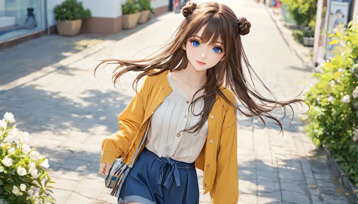  a girl  、 charming,  Beautiful blue eyes  、 Tied with two brown hair buns 、Long hair、  casual outfit 