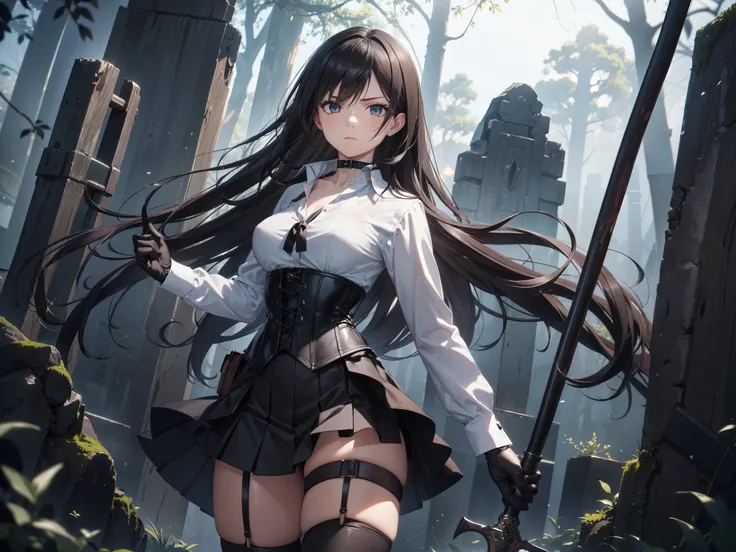  masterpiece ,  Best quality , high resolution,  beautiful detailed eyes,  extremely detailed face , Detailed CG, 1 girl; standing, fighting pose, holds an axe in his hand,  view from the front,  looking at the spectator,  long black hair , black eyes,  se...