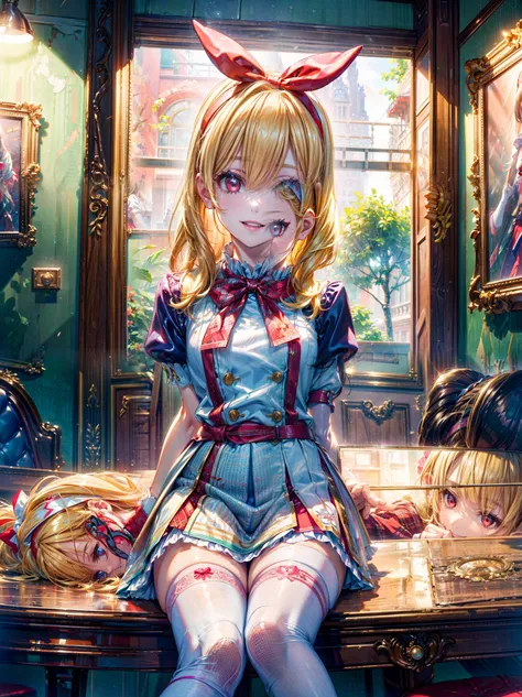 (best quality,4k,highres:1.2),ultra-detailed,realistic:1.37,portraits,vivid colors,indoor lighting

Girl with red ribbon on a headband is sitting at a table. She has beautiful blond hair and is wearing a nurse:1.5, white wear, ((white legwear, zettai ryoui...