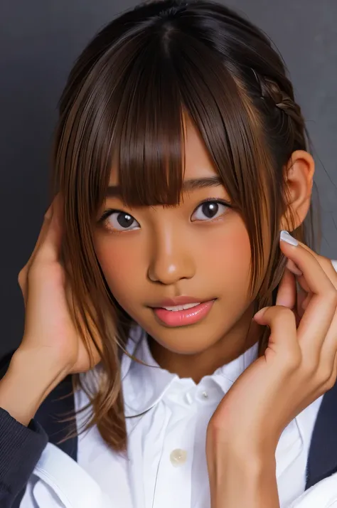 (((( one girl )))), covers his mouth with his hands、 Beautiful breasts、 Brown Eyes , (( gal hairstyle)) blonde, girl, ( Eye and Face Details:1.0), break, (masterpiece, Best Quality, very detailed, Details Faces , 8k),( dark skin tone :2.05 ), ((((...