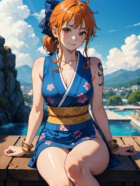 2D, masterpiece, best quality , anime, highly detailed face , Highly detailed background , perfect lighting , Us, 1 , Alone, long hair, smile, joy, track, japanese clothes, Heart, orange hair, kimono, mature face, bow, light blue kimono, flower, flowe...
