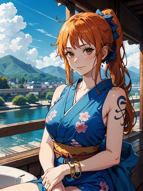 2D, masterpiece, best quality , anime, highly detailed face , Highly detailed background , perfect lighting , Us, 1 , Alone, long hair, smile, joy, track, japanese clothes, Heart, orange hair, kimono, mature face, bow, light blue kimono, flower, flowe...
