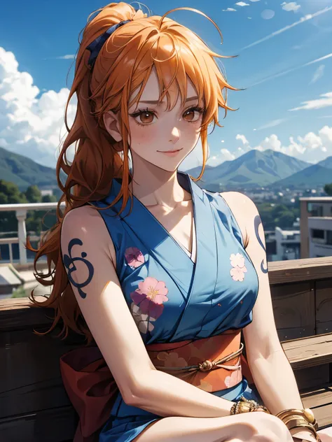 2D, masterpiece, best quality , anime, highly detailed face , Highly detailed background , perfect lighting , Us, 1 , Alone, long hair, smile, joy, track, japanese clothes, Heart, orange hair, kimono, mature face, bow, light blue kimono, flower, flowe...