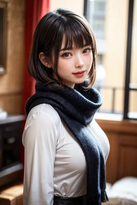 (masterpiece,  Best Quality ), one girl playing pranks, Alone, Black-haired, scarf, Have, Realistic, Realistic,   stares at the audience, Light-coloured black eyes,   short brunette bob ,   brown coat, Winter clothes, White headscarf, No Lips ,  outdoor , ...