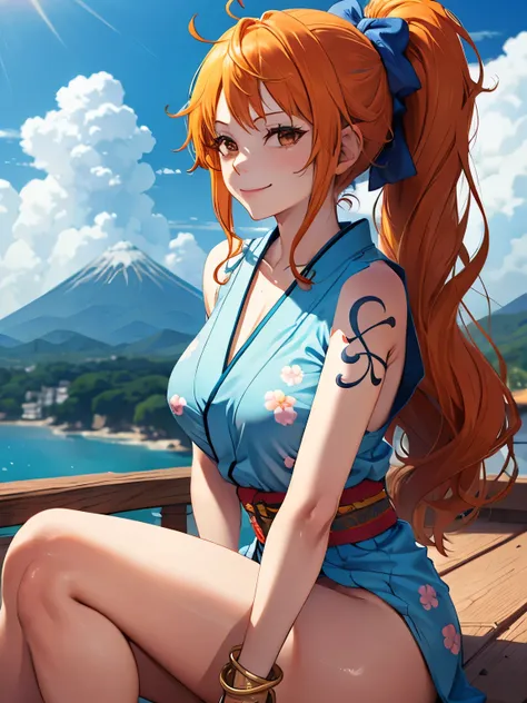 2D, masterpiece, best quality , anime, Face of a mature woman, highly detailed face , Highly detailed background , perfect lighting , Us, 1 , Alone, long hair, smile, joy, track, japanese clothes, Heart, orange hair, kimono, mature face, bow, light bl...