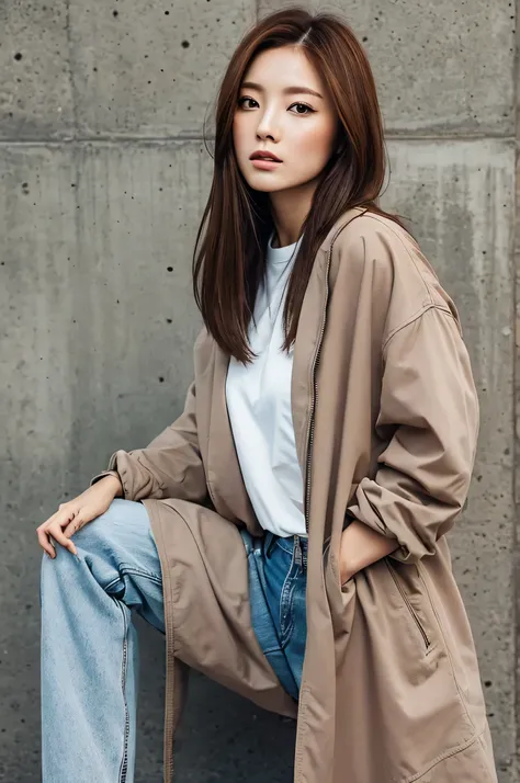 Best Quality, 1 beautidebtul woman, 28 yearS old, S,  35 mm lens, debt/1, Cowboy Shot,  concrete background、Tile Background、medium Straight hair、riderS jacket　Shirt、light reddiSh brown hair、debtrom Side、realiStic eyeS,Spread legS