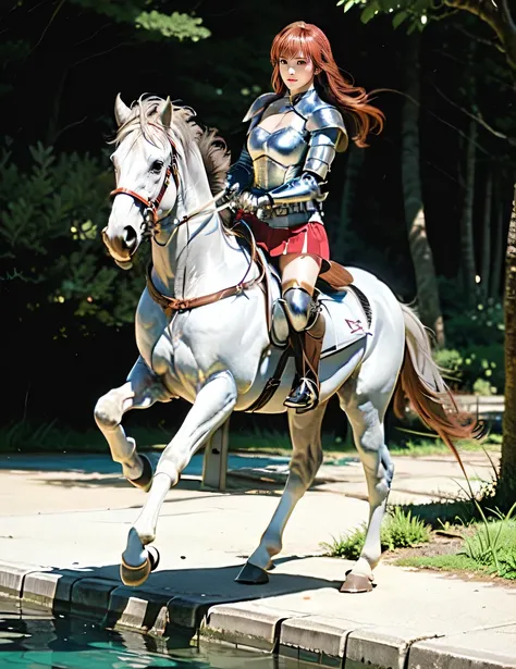 ((best quality)), ((anime masterpiece)), (high detailed), 8k, cinematic lighting, perfect face, large breast, cleavage, (((female knight riding on a WHITE HORSE)), (long hair, gradient hair, {red hair}, brown eyes), (breastplate, shoulder pads, pink minis...