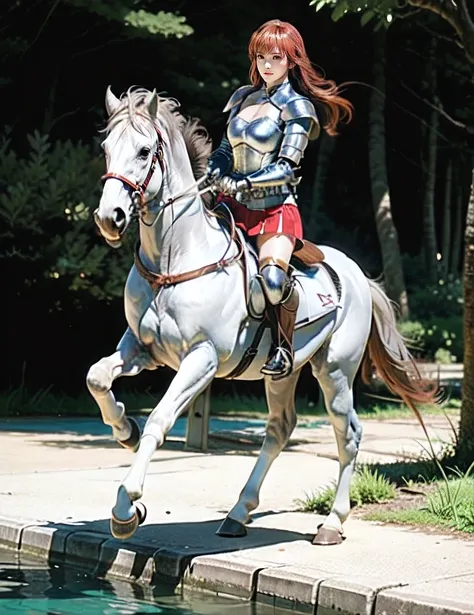  ((best quality)), ((anime masterpiece)), (high detailed), 8k, cinematic lighting, perfect face, large breast, cleavage, (((female knight riding on a WHITE HORSE)), (long hair, gradient hair, {red hair}, brown eyes), (breastplate, shoulder pads, pink minis...