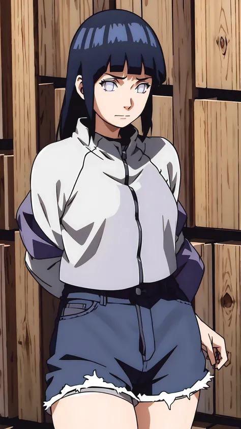 Meisterwerk,Atemberaubend realistisch, best quality, Sharpness, Hyuga Hinata,女の子1人,big ,standing in front of a wooden hut,arms behind back,full entire body,sexy croptop,high waist ripped denim shorts,geschlossener Mund,geschlossene Augen,shy look,rot im ge...