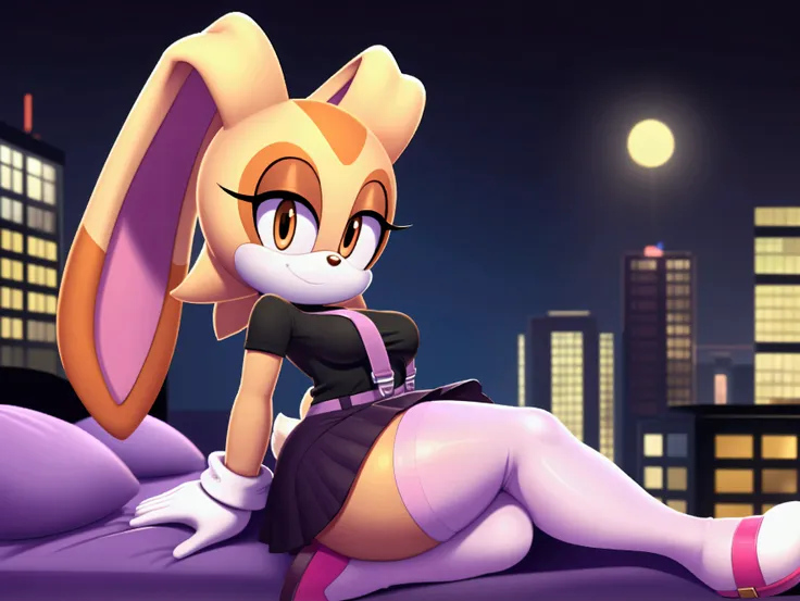 cream the rabbit, ,sitting on her knees facing forward ,in bed,looking at the viewer,in the background the city at night ,,light...