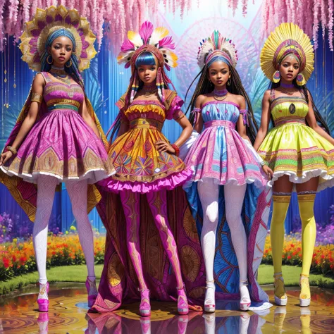 ((full body shot):1.5), a group of American babes,((African tribes style):1.3), (in elegant Classic Lolita Princess Dress),( high waisted short dress :1.3), The background is a fantastic A creek in the flower field, ((Standing and posing)), Bimbo,  (Mutico...