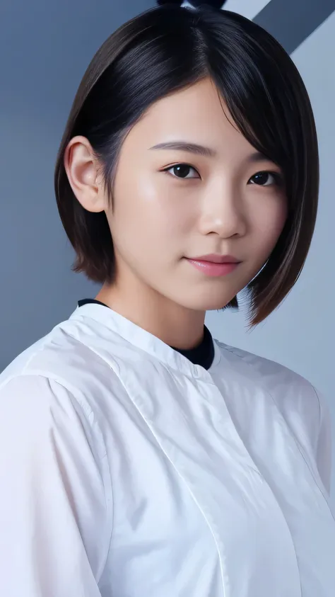 realistic photo, beautiful 18 year old japanese woman, short bob hair, close-up of face, straight on, slightly smiling, portrait...