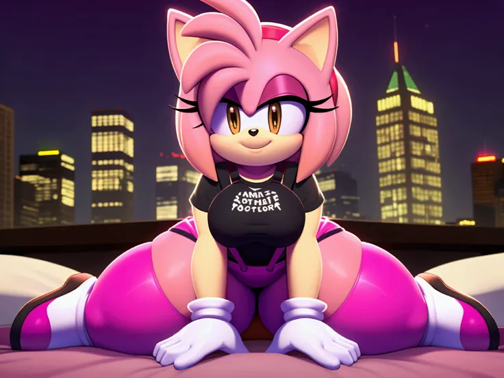 amy rose, ,sitting on her knees facing forward ,in bed,looking at the viewer,in the background the city at night ,,lights on the...