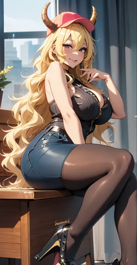 lucoa [miss kobayashi san], medium, perky breasts, thicc thighs , full body, beautiful beauty, curve horns, cap, rich, blonde, l...