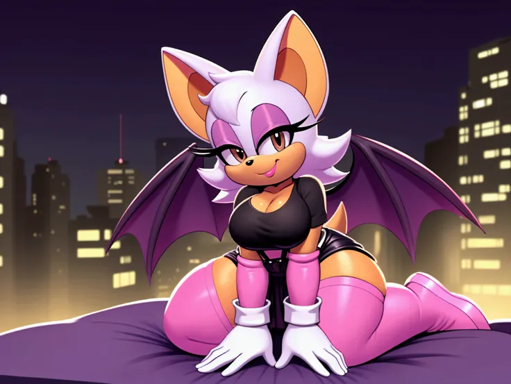 rouge the bat,, ,sitting on her knees facing forward ,in bed,looking at the viewer,in the background the city at night ,,lights ...