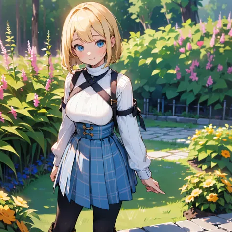 ( high quality,  Hi-Res, Very detailed, reality:1.37), Peaceful atmosphere, (Outdoor, garden),  teenage girl standing alone, (My breasts are large.), Beautiful details,  cute smile, (Blonde Bob ), Ribbed sweater,  blue plaid skirt, Black tights, Brown boot...