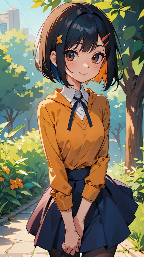 Anime-style paintings、 very beautiful detailed face and eyes、 bright color、 1 girl 、 cute face、 Delicate and Beautiful Face 、 dark blue hair 、 bob cut、 jet black brown eyes 、 orange hair ornament 、Blouse shirt、 HOODIE、skirt、Medium Breast、( tight chest:1.1)...