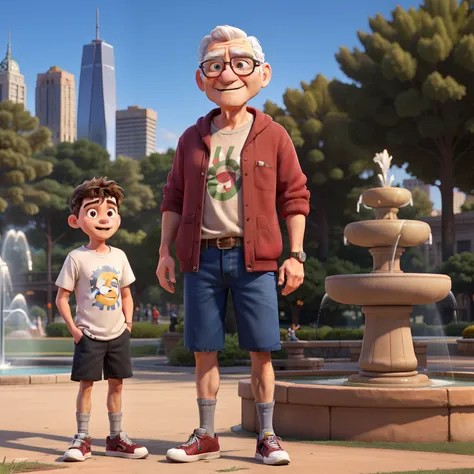  old man in clothes from 1990 ,  young man dressed in jeans and buso ,  boy dressed in shorts and t-shirt, The three of them speak ,  in the background with tall buildings ,  a park with a fountain .