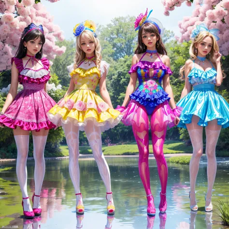 ((full body shot):1.5), a group of American babes,((High-cut swimsuit style):1.3), (in elegant Classic Lolita Princess Dress),( high waisted short dress :1.3), The background is a fantastic A creek in the flower field, ((Standing and posing)), Bimbo,  (Mut...