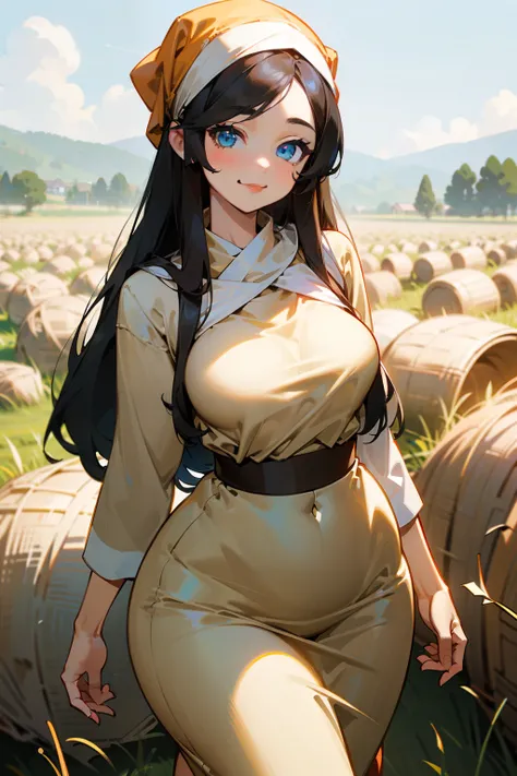 (Masterpiece), Best Quality, ultra-detailed, 1girl( maya, blue eyes, black hair,  long straight hair, parted bangs, Slender  body, lovely breasts,   curvy body), smile, facing viewer, looking at viewer, solo, white headscarf, beige blouse, green wide skirt...