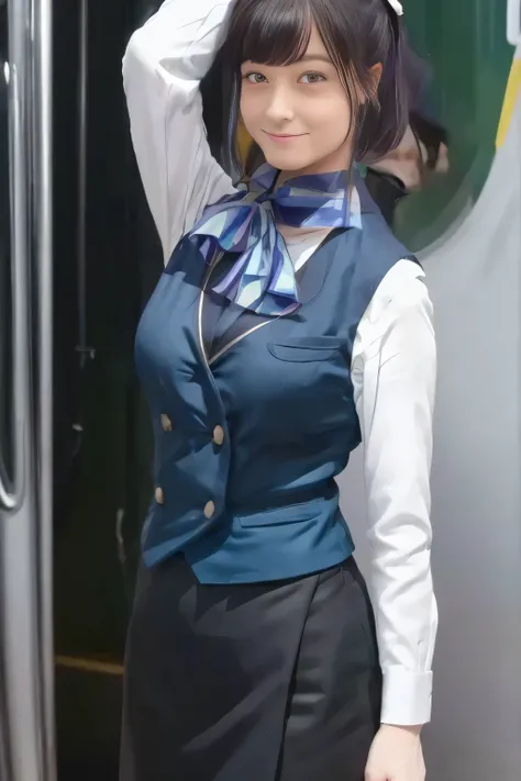 (masterpiece:1.2, Best Quality:1.2), 32kHDR,  kampala, (Alone、  1 girl)、（What is 、 Professional Lighting）、In-flight background、（Nankai Train crew uniformを着たリアルなスタイル）、（（  Nankai Train Crew Uniform Collarless Blouse Long Sleeve 、Black Curly Culotte Skirt 、Sc...