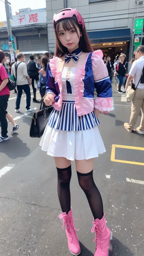 Costume like a idol, blue and white half sleeve Jacket, pink satin ruffled blouse, White and pink stripe pleated skirt, white lace up boots