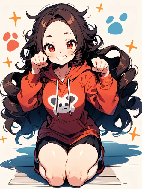 solo,seiza,brown (drill curly) inside long hair,big forehead,red eyes,red cute hoodie、white tight skirt、good model paw pose,cute smile,(manga style),(sketch),(illustration),