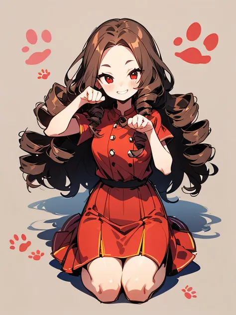 solo,seiza,brown (drill curly) inside long hair,big forehead,red eyes,red cute dress、white tight skirt、good model paw pose,cute smile,(manga style),(sketch),(illustration),