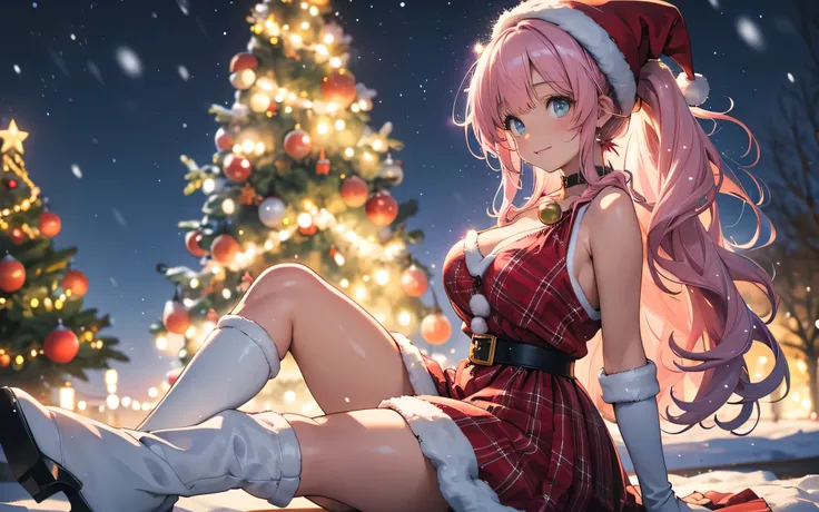 a beautiful young wonan, 19 years old,, 1girl, ( extremely large round breasts ), big cleavage, (((sleeveless ))), red plaid dress with white faux fur hem, (((((plunge neckline ))))), red santa hat with small bell at the end and white faux fur rim, black ...
