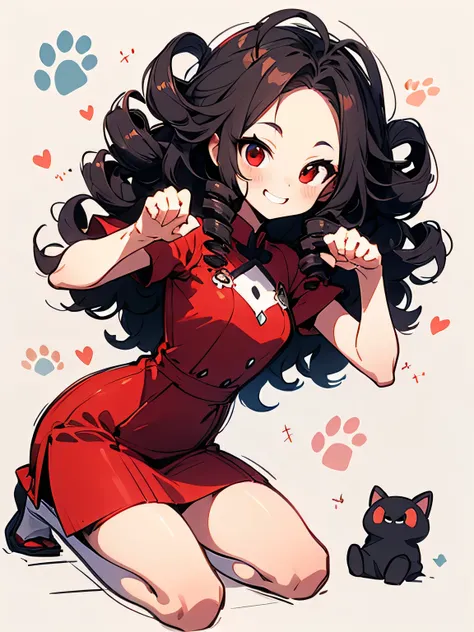 solo,seiza,brown (drill curly) inside long hair,big forehead,red eyes,red cute dress、white tight skirt、good model paw pose,cute smile,(manga style),(sketch),(illustration),