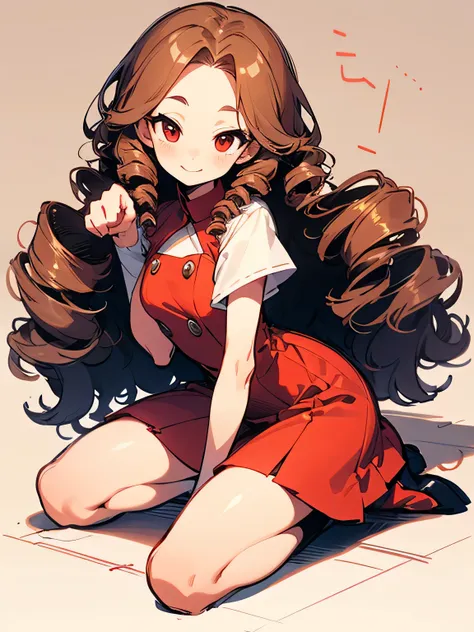 solo,seiza,brown (drill curly) inside long hair,big forehead,red eyes,red cute dress、white tight skirt、good model paw pose,cute smile,(manga style),(sketch),(illustration),