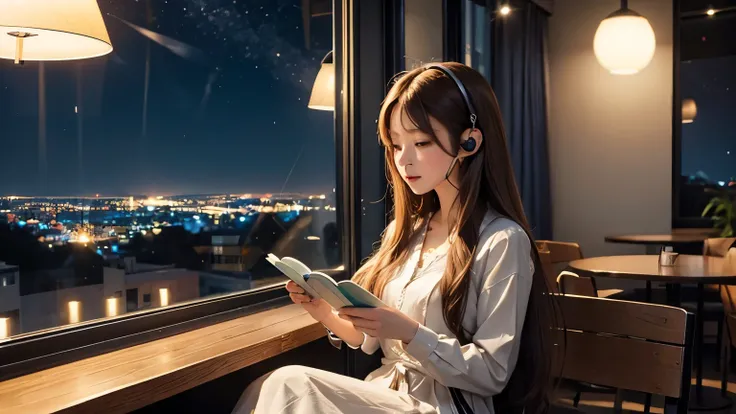 a beautiful girl, long hair, sitting inside the cafe, near windows side, sipping coffee, reading book while listening to her headset
night time with many lights outside windows
