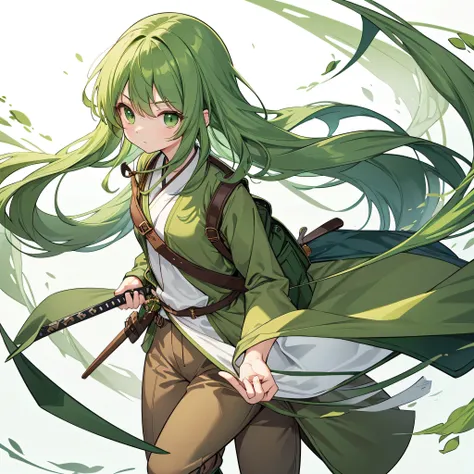  Hi-Res,  anatomically correct,  high definition long hair、 green hair、Green Eyes、 rucksack 、Journey、 fantasy world 、Soft and light touch、 wearing a brown jacket、 wearing a green shirt inside 、Wear long pants、 boots、The scene where Japanese swords are draw...