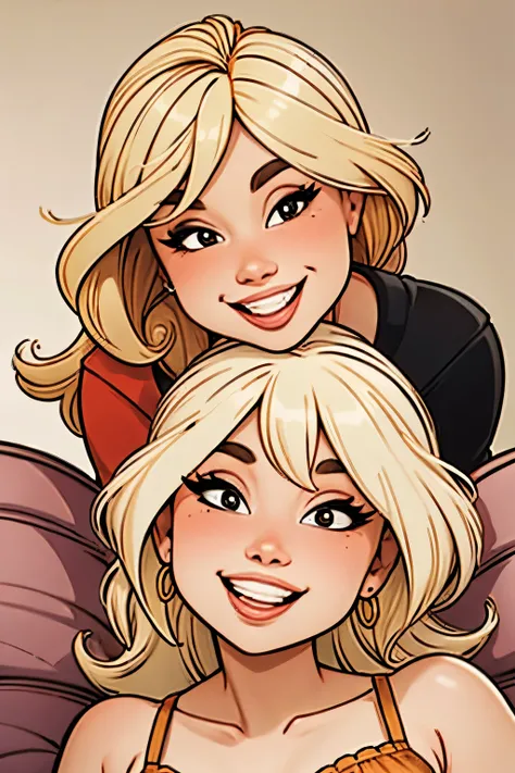 Image of the heads of two girls, one with blond hair and the other with brown hair, smiling