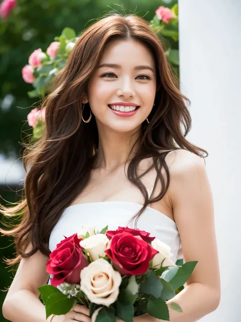 highest quality, 4K, Perfect Face, Perfect Style, Sunburn, beautiful, stylish appeal, Mature, long layer curly hair, Swept-back hair, in Greece, full body, giddy smile, have in a rose bouquet, pierce, white one piece, 