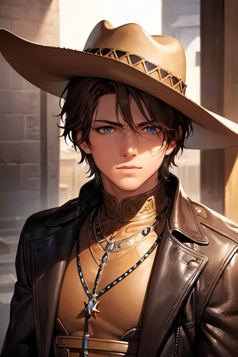 1 boy, , short light brown hair, bright blue eyes, sun-kissed skin, toned physique, wearing oversized cowboy hat and leather jacket, daydreaming, curious, portrait, extremely detailed face and eyes, high quality, realistic, cinematic lighting, vivid colors...