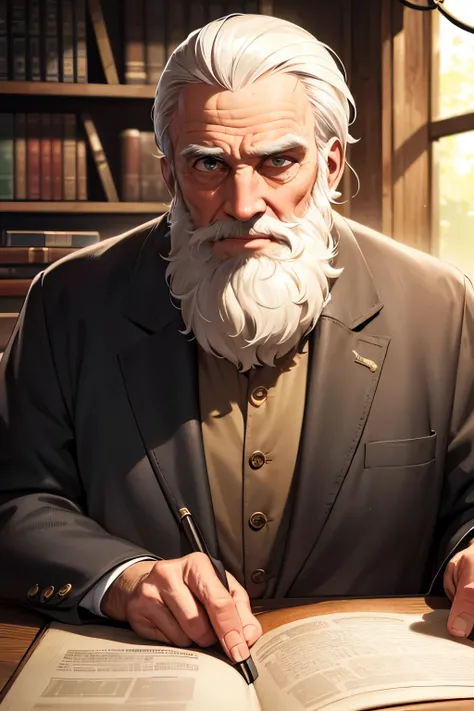 a mysterious old man with a rich beard and deep wrinkles on his face, with a sharp gaze but speaking softly and telling stories, once a legendary treasure hunter but now living a retired life, highly detailed portrait, realistic, photorealistic, 8k, best q...