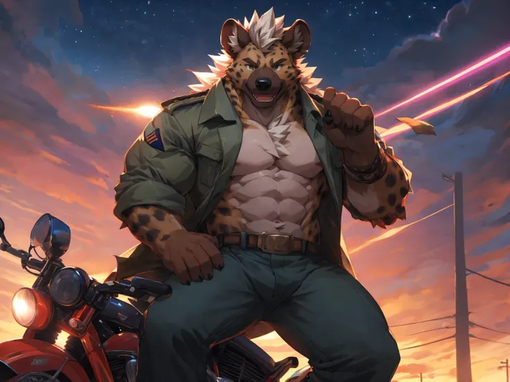 (hyena:1.3),  (army coat:1.3), dawn, human nature, male, Solitary, ((Muscular body, Bara, Handsome)), Muscular body, (high quality, high resolution, masterpiece), (Dynamic Lighting, Vibrant colors), (Generous smile), cartoon, by zixiong, By Chunni, snow da...