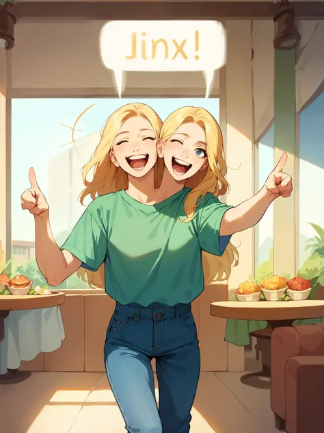 anime, (masterpiece, best quality), best resolution, two heads, 1girl, long blonde hair, blue eyes, green t-shirt, blue jean pants, pointing to herself, laughing, speech bubble, standing in front of a restaurant