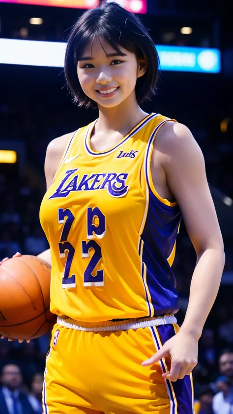 Best Quality,masterpiece, super high definition, highdefinition RAW color photo, professional photography, natural skin texture, fine skin, hyperrealism , Japanese Female,(smile,gigantic breasts, shortcut hair),(((Watching basketball,NBA,Tight Lakers unifo...