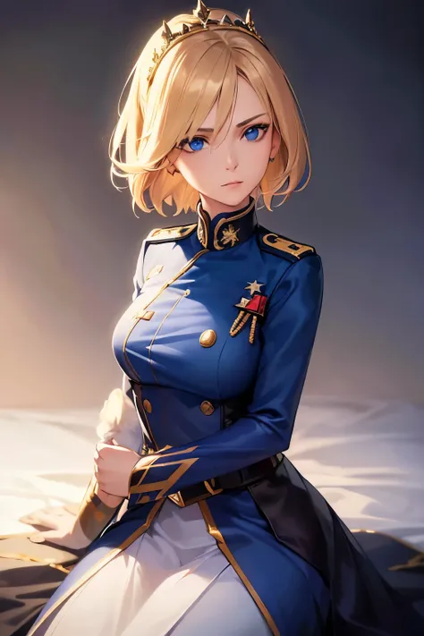 A beautiful girl with short golden hair, blue eyes, and a small tiara, wearing a sharp military-style uniform, dignified and graceful, 1girl, detailed face and eyes, digital painting, highly detailed, 8k, hyperrealistic, dramatic lighting, cinematic, muted...